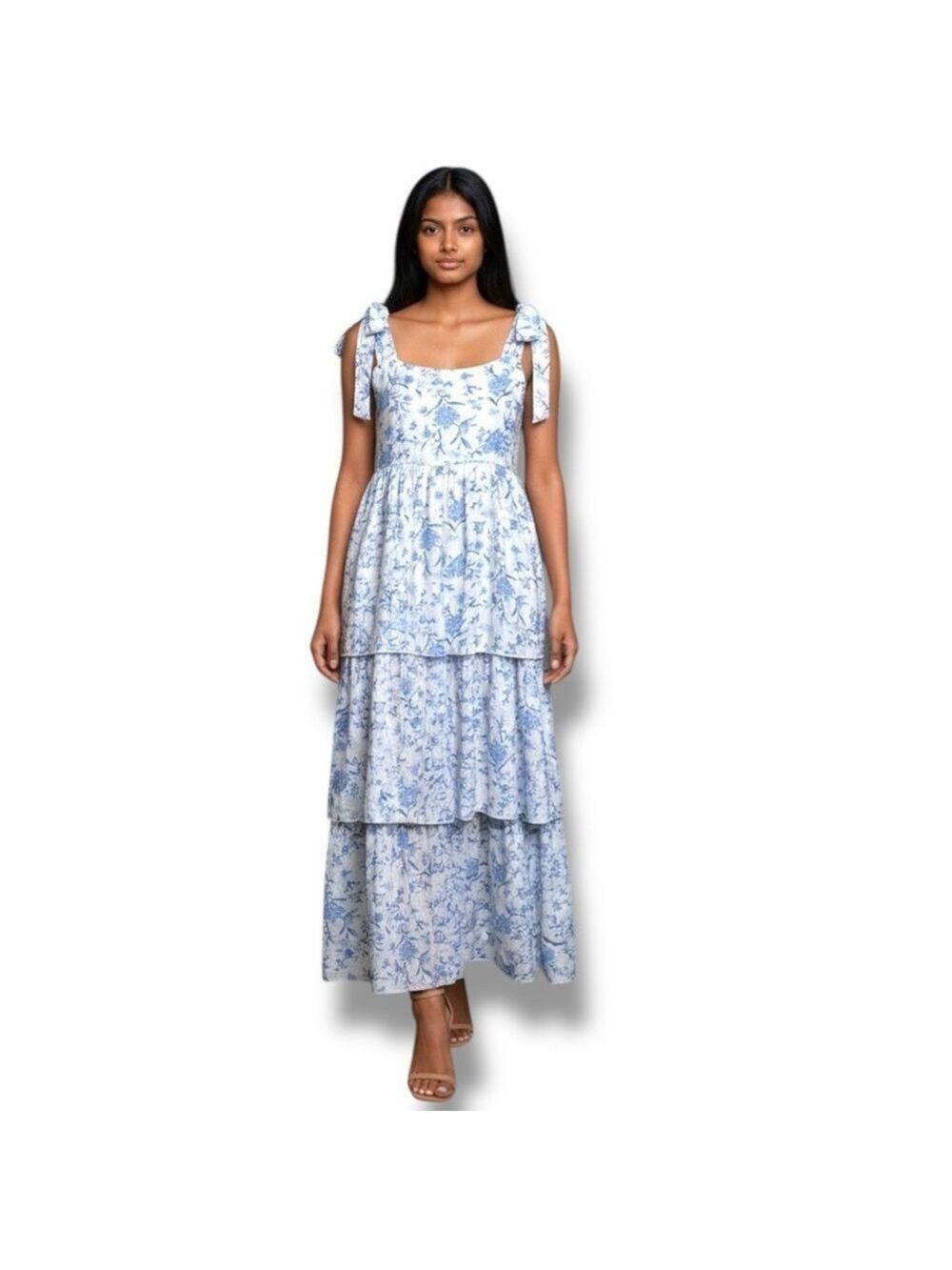 Tiered Blue Floral Tie-Shoulder Maxi Dress Size Medium The Petite Rose Boutique